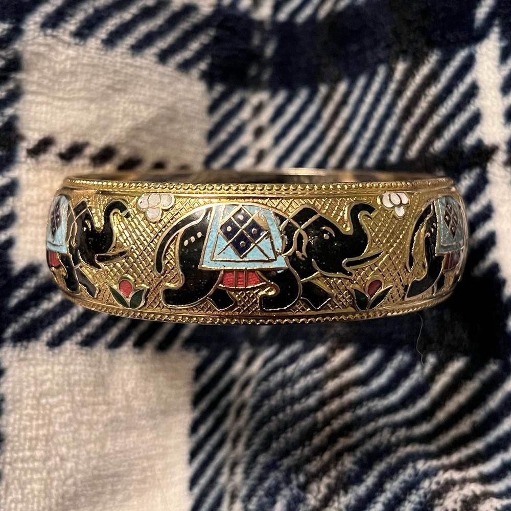 Vintage Gold Tone and Enamel Lucky Elephant Bangle Bracelet